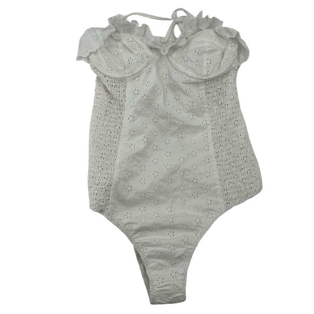 DOEN Women One Piece Swimsuit Eyelet Ruffle White Cotton Large